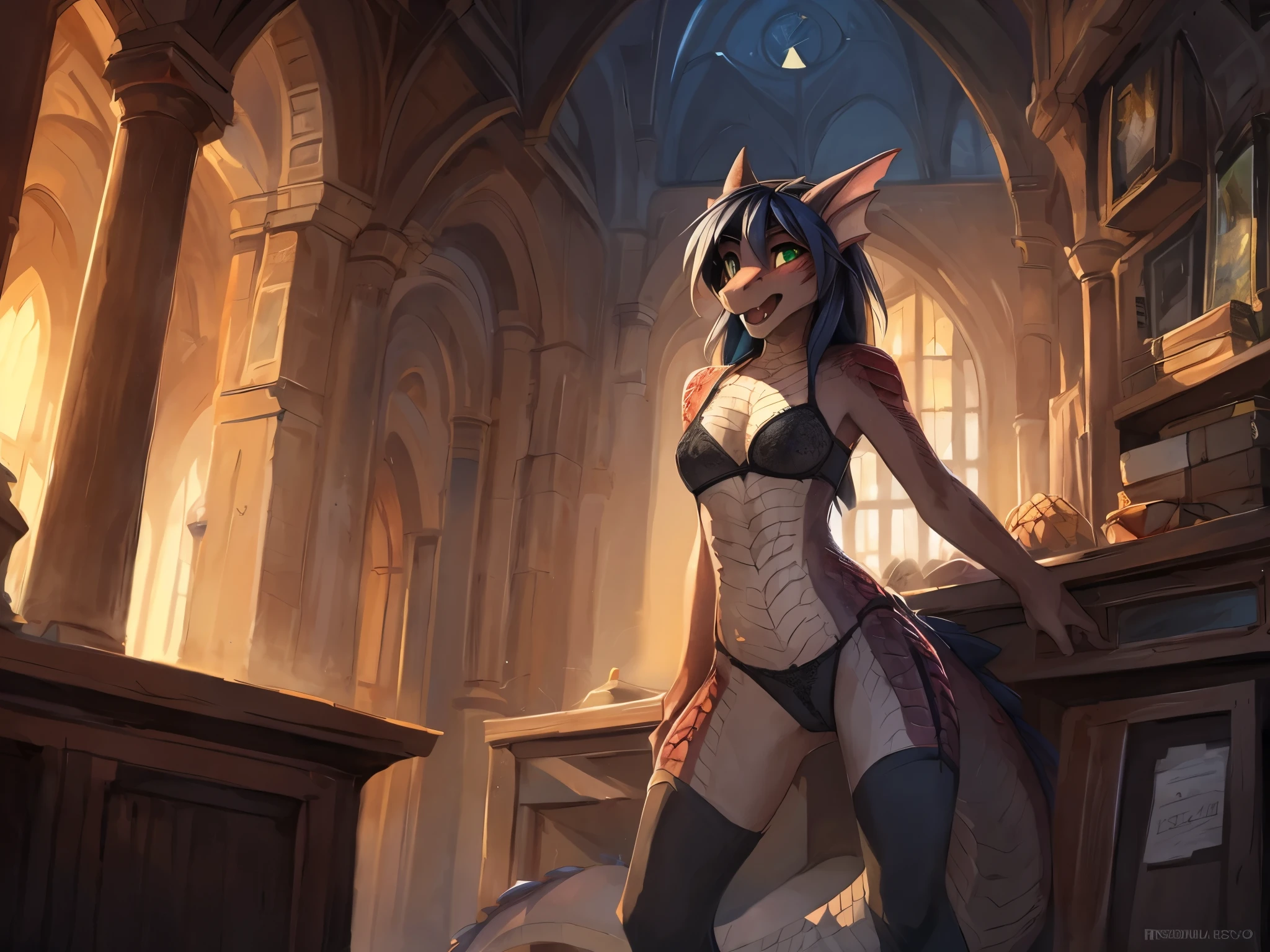 by kenket, Ross Tran, zaush, foxovh, by Zackary911, by hyattlen, by teranen, by fumiko, by Pixelsketcher, by Bayard Wu, by Thomas Benjamin Kennington, by Einshelm, by Kilinah, by Coffeesoda, by Hioshiru, by fluff-kevlar, by Ajin, by Wlop, by Jillian Tamaki, (dragon:1.4), Ruby dragoness, ((anthro)), 8k, 4k, 2k, detailed, intricate, ((solo female)), (female), ((solo)), ((scaly)), (masterpiece), best quality, (detailed scaled skin:1.4), NSFW, (hogsks), (photo-realistic), hogwarts, harry potter, (((ravenclaw))), uploaded on e621, (by hioshiru), by sefeiren, digitigrade, girl, castle, dark red scales, silver belly scales, green eyes, dark hair, flat chested, ((small breasts)), skinny, slim build, long legs, hooved feet, long ears, tawny fur, exposed belly, storeroom, standing, wearing only underwear, ((bra)), panties, embarrassed, (blushing), ((shocked expression)), surprised, (portrait), stockings