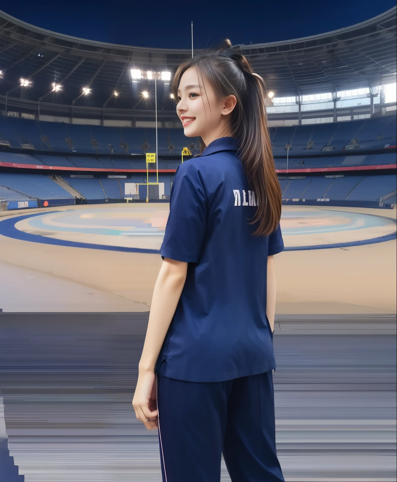 (best quality,10,10,height,Masterpiece:1.2),very detailed,(realistic,ภาพrealistic,Realistic photos:1.37),1 cute girl on the football field,shiny, ผิวshiny,only,smile softly,BDclothelue shirt:1.3)),short sleeve,shirt, กางเกงขาlong.,(navy_long_ติดตามกางเกงขาlong:1.1), ((stadium background:1.3)),Dynamic angle,excited,Face focus,dynamic poses,from behind,Focus on the ass.,Masterpiece, best quality, ultra realistic, very detailedเกินไป, 8k resolution, raw photos, Sharp focus, ((Navy blue shirt:1.1)), short sleeve, เส้นทางlong, perfect bodyแบบ, 2 mature women, 18 years old, Cinema-grade lighting system ,กางเกงขาlongวอร์มสีน้ําเงิน,shirtผ้าออกกำลังกาย,correct anatomy,perfect body, correct body, Sharp face, correct bodyทางกายวิภาค, full body, realistic gestures, long-haired, realistic , Blue sweatpants, กางเกงวอร์มขาlong