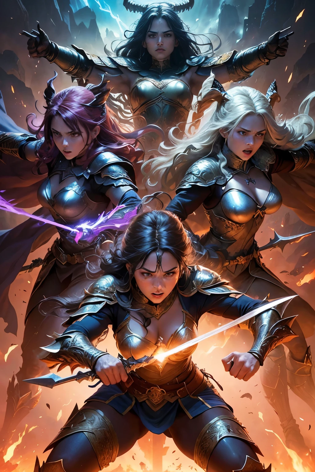 A group of powerful, legendary heroes, standing together in a dynamic pose, ready for battle. (highly detailed, vibrant colors, fantasy art), (hand-painted, digital artwork, comic book style), (epic, dynamic, action-packed:1.1), (magical weapons, intricate armor:1.1), (intense lighting, dramatic shadows), (detailed facial expressions), (fantasy landscape background), (2-3 male heroes, 1-2 female heroes), (elongated sharp weapons, mystical aura), (warrior, sorcerer, rogue, archer:1.1), (flowing capes, armors with intricate patterns), (ancient ruins in the background), (powerful stances, confident expressions), (background: medieval castle on a cliff), (mythical creatures, dragons, griffins), (mysterious glowing runes in the air).