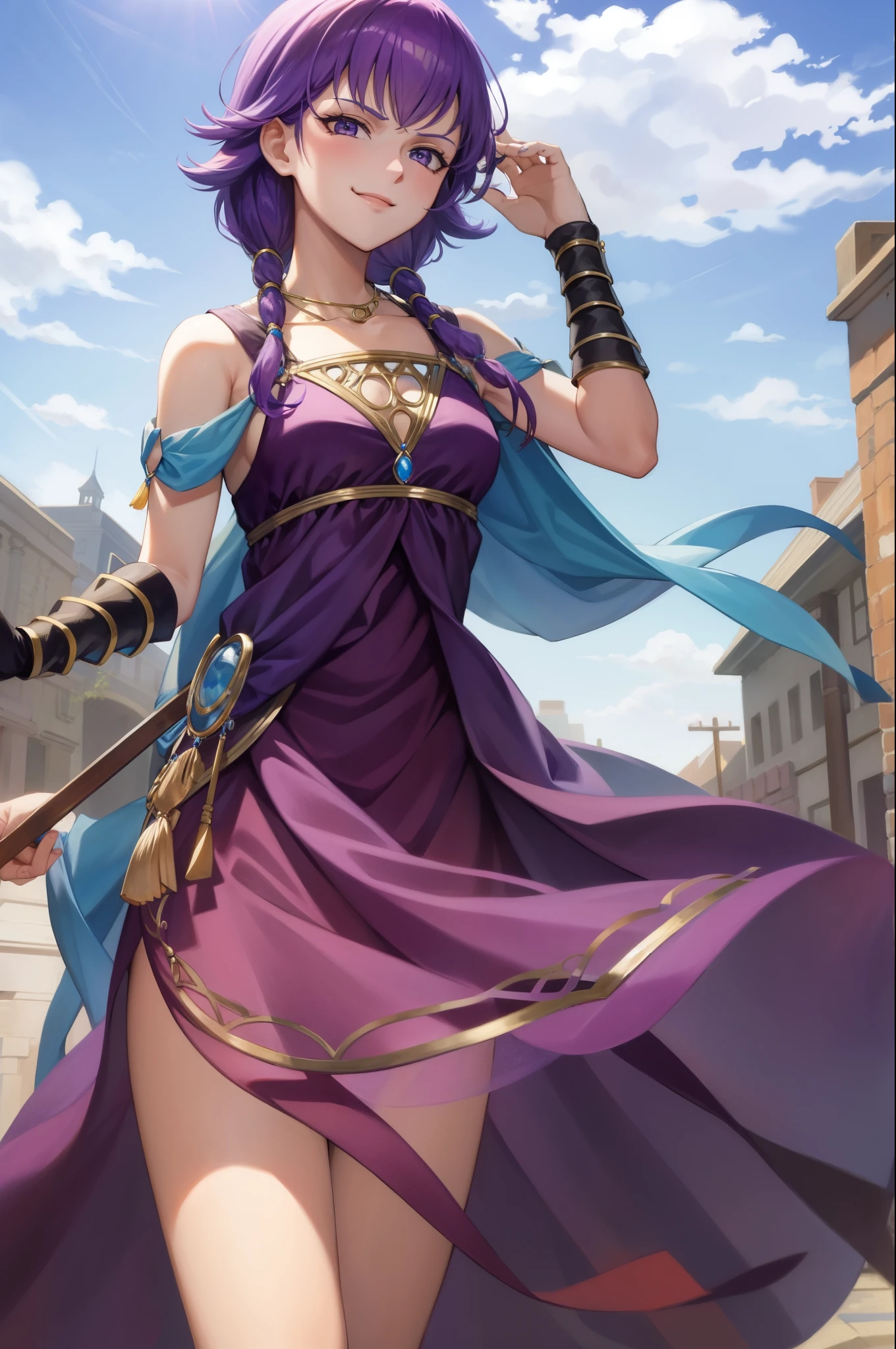 masterpiece, 4K, best quality, FELute, necklace, purple dress, blue cape, bracers, cowboy shot, looking at viewer, smirk, hand up