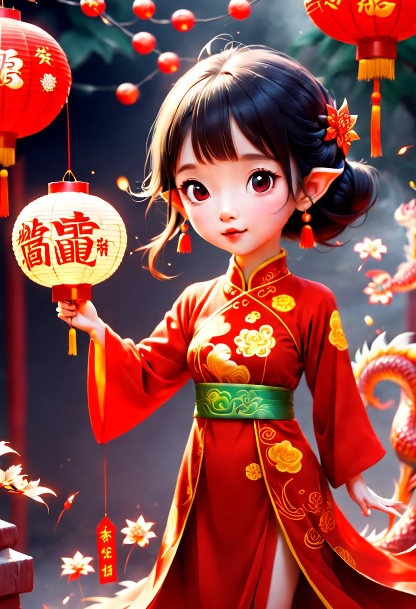 a cute Elf, red dress, Chinese New Year, lantern, cute Chinese dragon, fireworks, firecrackers, Happy Chinese New Year, lantern says "New Year"