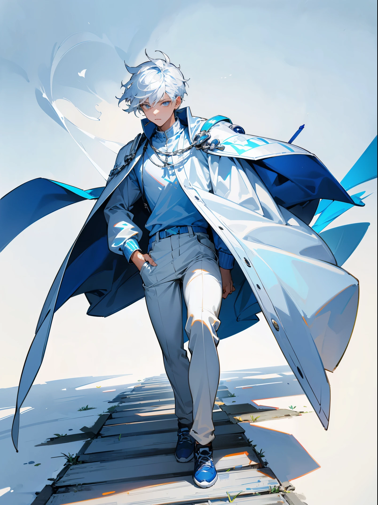 1male, casual clothing, white hair, silver eyes, blue/white cape, blue longsleeved shirt, Jordan 1 retro offwhite, white nike backpack, park background, walking on path, detailed eyes
