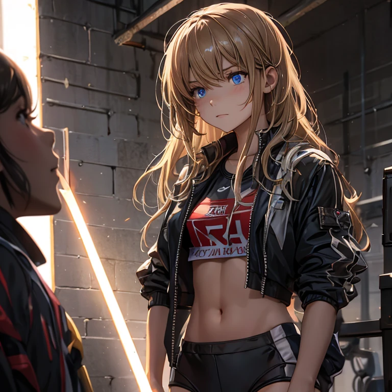 The background is a battlefield in the wilderness.、A girl wearing a black track and field uniform、High-leg bloomer、naked thighs、sexy、blonde long hair、black short boots、Are standing、the girl is arrested、A girl looking at the viewer with a worried expression、the girl is killed、The girl stands proudly with her chest out、solo,extreme light and shadow, rim lighting, side lighting, rim lighting, detailed face ,fine eyes, fine hair, tone mapping , Specular Highlights, Super detailed, 2K CG detailed wallpapers, masterpiece, highest quality, official art,Cyberpunk Choir, sparks, electricity, post-apocalyptic, GenderlessFayeVibes Hell_Faye