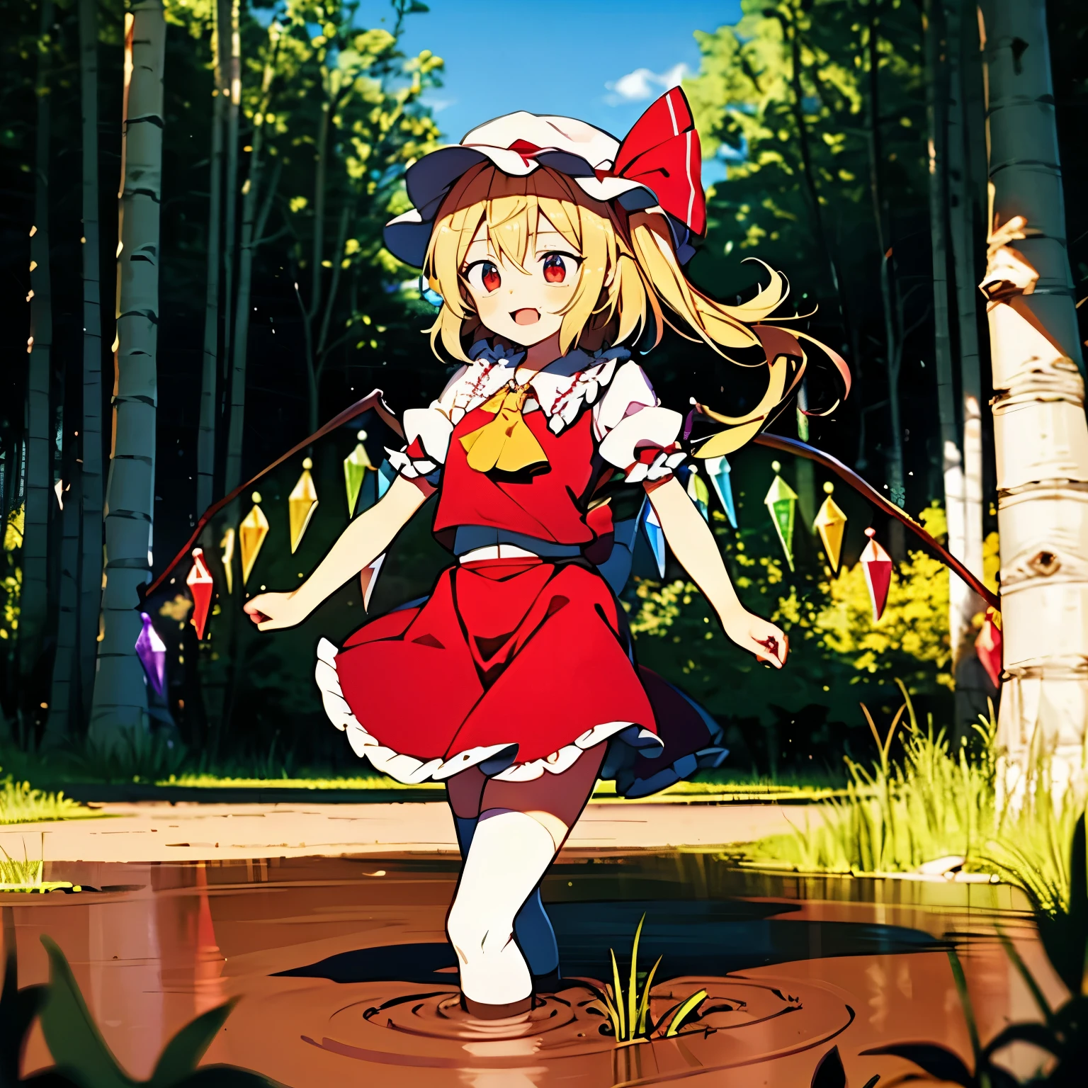 1girl,solo,touhou,(flandre scarlet:1.1), white soft hat, red hat bow, blonde hair, side ponytail, red eyes, shiny eyes, fang, red vest, short sleeves, puffy sleeves, yellow ascot, red frilled skirt, crystal wings, (white kneehighs:1.4),Swamp, old swamp, trees, old trees, Ate, Birch, Dead trees