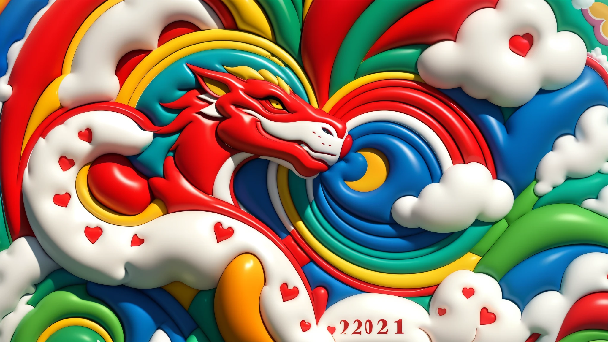 （happy new year poster design），（Close-up of Chinese dragon and clouds），Lots of hearts， （（2024) ） ,，colorful