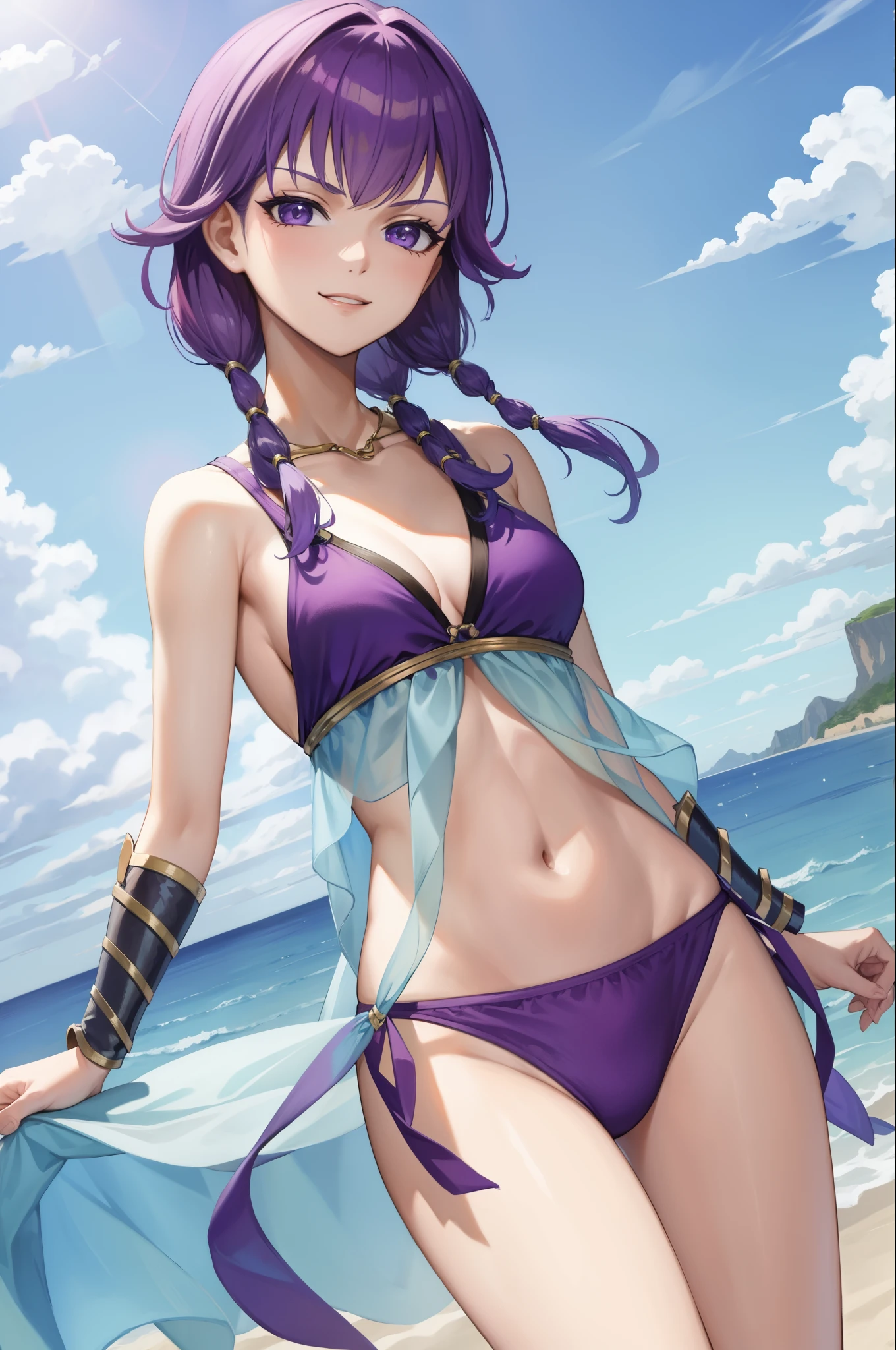 masterpiece, 4K, best quality, FELute, necklace, bracers, cowboy shot, looking at viewer, smirk, swimsuit, purple bikini