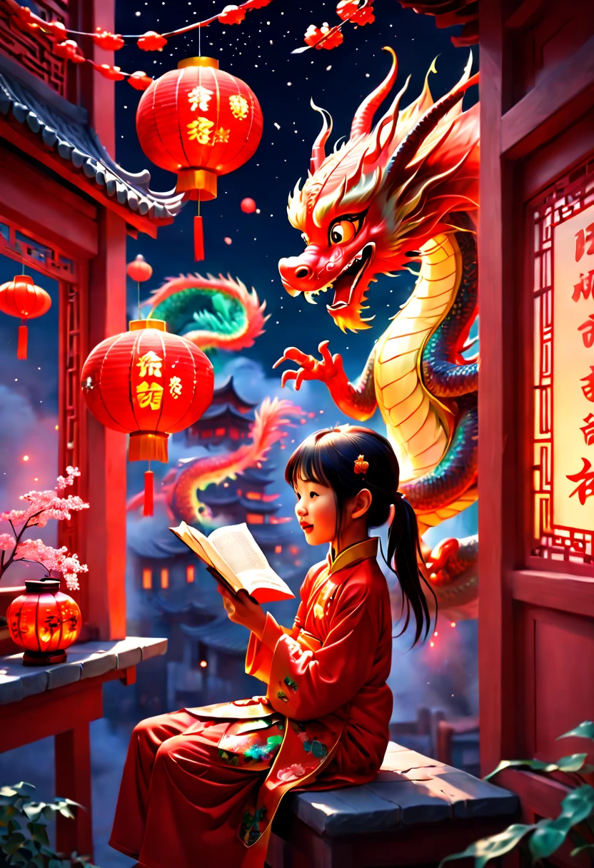 text "China", Chinese New Year "2024", dragon cub mascot, red clothes, Chinese bowing, spit out many golds, red envelopes, fireworks, confetti, strong festive atmosphere, Chinese elements, panoramic view, Ultra high saturation, (best quality, masterpiece, Representative work, official art, Professional, 8k)