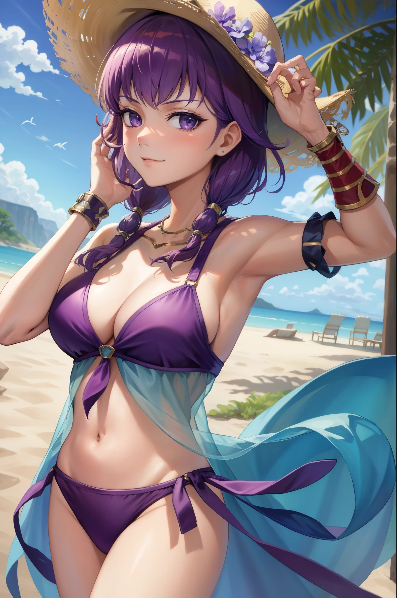 masterpiece, 4K, best quality, FELute, necklace, bracers, cowboy shot, looking at viewer, smirk, swimsuit, purple bikini