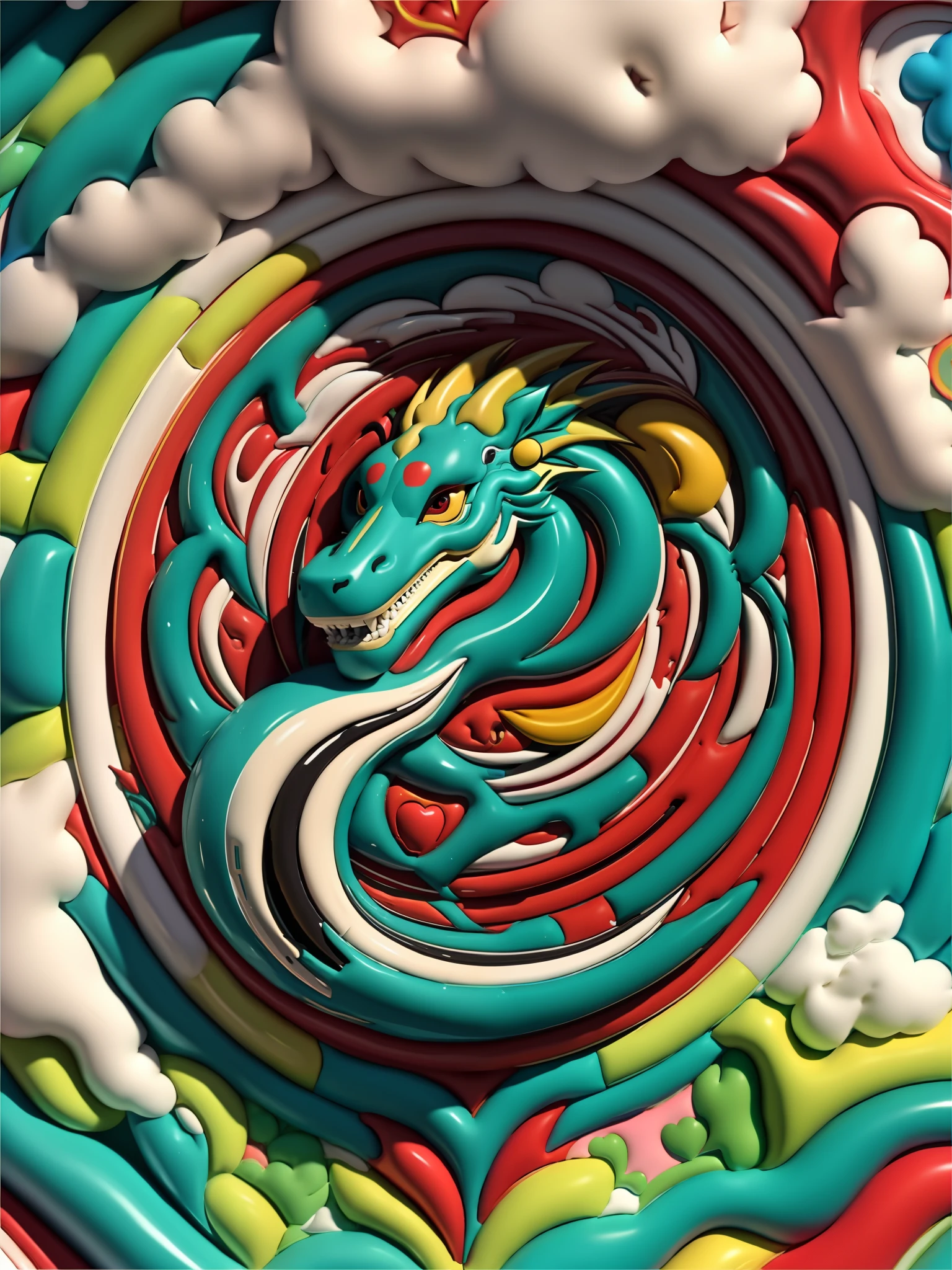 （happy new year poster design），（Close-up of a Chinese dragon），many hearts and clouds， （（2024) ） ,，colorful