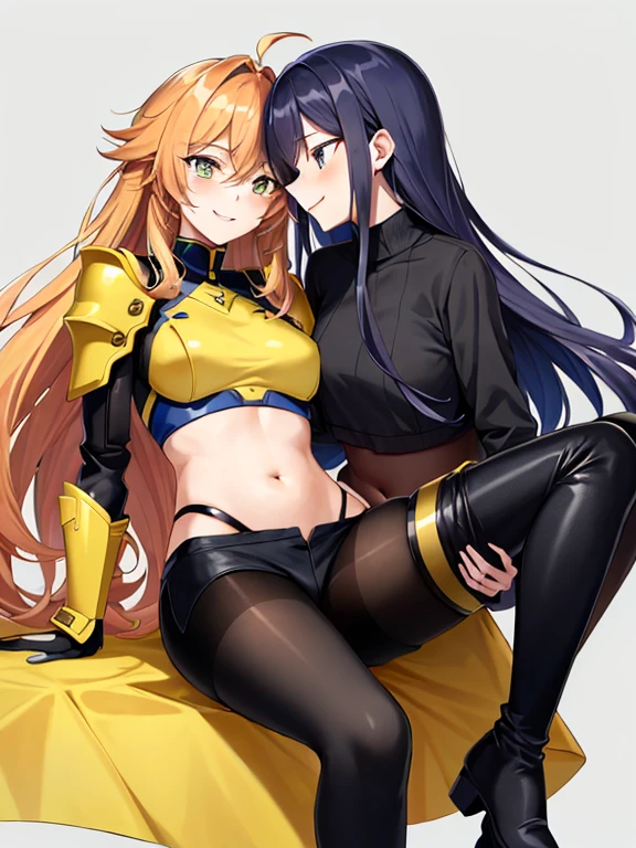 (best quality masterpiece:1), 8k, (detailed shoujo manga style:1), 2girls, beautiful, yuri, {{{bright pink hair, curly long hair, cool smile, blue eyes, blue mechanical armor, metalic machine bodysuit, black long pantyhose, iron knee boots}}}, {{{deep yellow blond, long striaght hair, pretty smile, yellow eye, long yellow tailcoat, cropped belly, ankle-long yellow cotton pants, knee-high leather boots}}}
