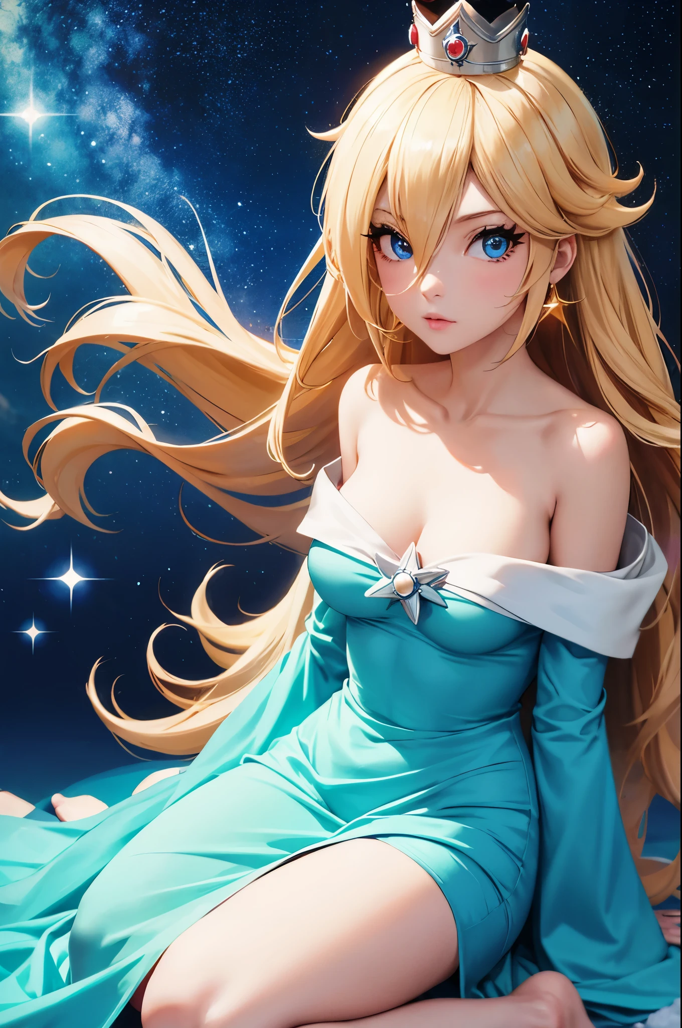 (masterpiece), best quality, expressive eyes, perfect face, highres, 1 girl, solo, rosalina, blonde hair, blue eyes, hair over one eye, long hair, blue dress, crown, dress, earrings, jewelry, princess, robe, bare shoulders, barefoot, star earrings, space, starry background, glowing particles, good illumination, sitting on floor, portrait, looking at the viewer