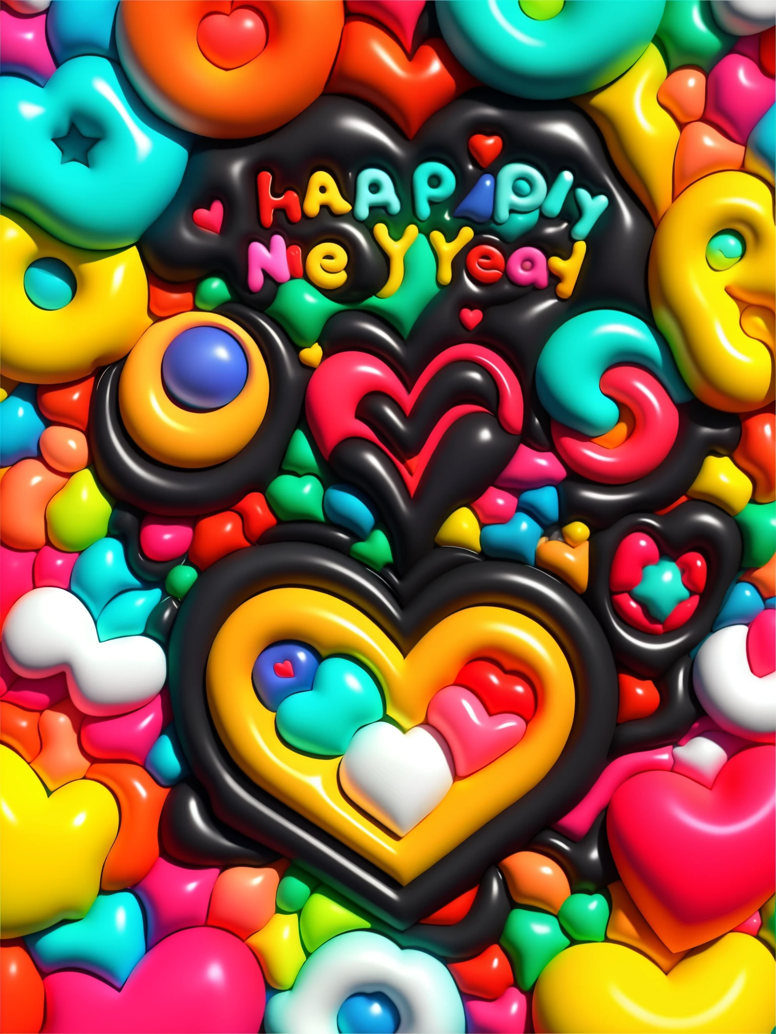 (happy new year poster design),(Lots of hearts和钱币和星星和云彩的特写),Lots of hearts, ((2024) ) ,,colorful
