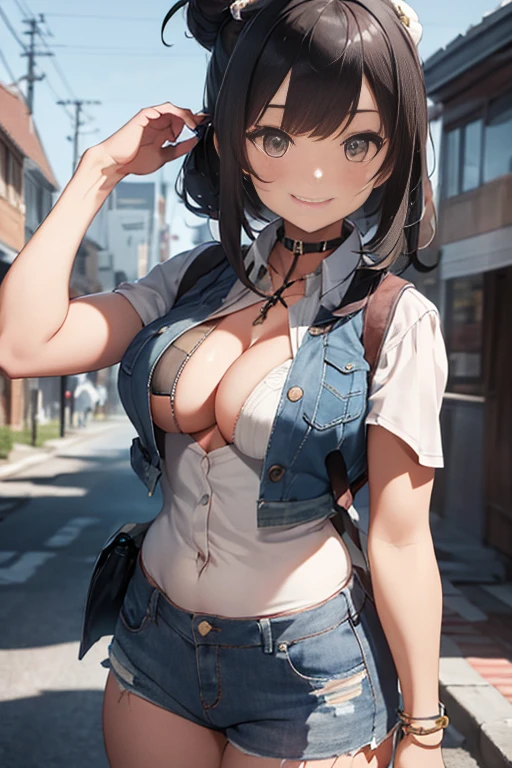 masterpiece、The best、1 female、denim vest、Denim shortun bun、black hair、Shoulder leakage、big breasts、chubby、Smile、lace leggingackpack，On campus，reaching out