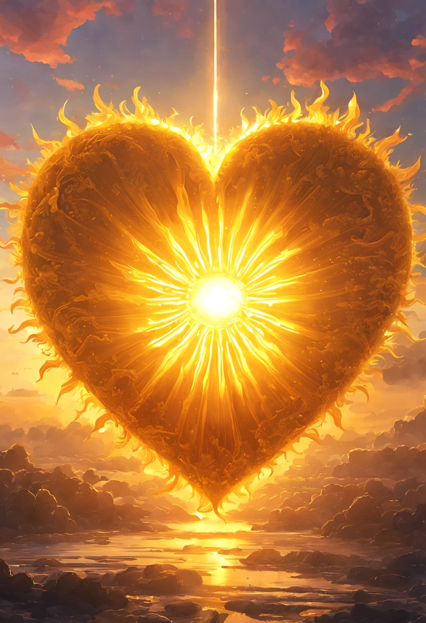 "Create a masterpiece of beautiful "giant golden, heart shaped sun during sunset" with ultra-detailed concept art inspired. Unleash your inner Cu73Cre4ture programmer with the power of steady diffusion and bring your imagination to life! ", high detail, 8k