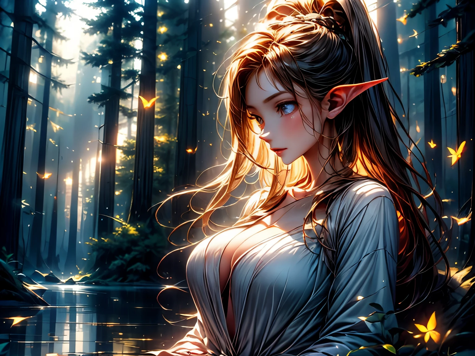 Portrait,elf,standing,by the lake,nature,enchanted,beautiful,serene,peaceful,glorious,ethereal,delicate features,pointed ears,sparkling eyes,graceful,mysterious,flowing hair,sunlight filtering through the trees,reflection on the water,golden hour,soft colors,ethereal glow,lush vegetation,magical atmosphere,harmony with nature,solitude,gently swaying leaves,silhouette,dappled light,tranquil,serenity,captivating gaze,fairy-like,immersed in the moment,whispering breeze,gentle ripples,calm and stillness,one with the surroundings