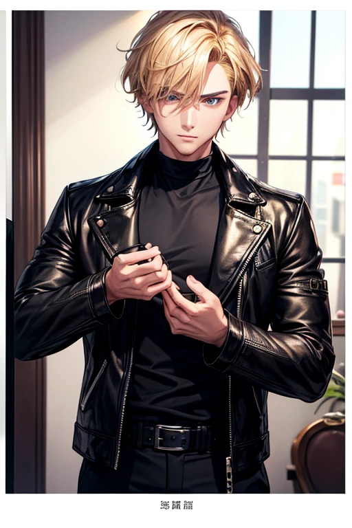 handsome man hairdresser、With short golden hair, Black leather jacket、long sleeve、in front of the mirror、High resolution、In 8K、sharp focus、zoom、with the best image quality