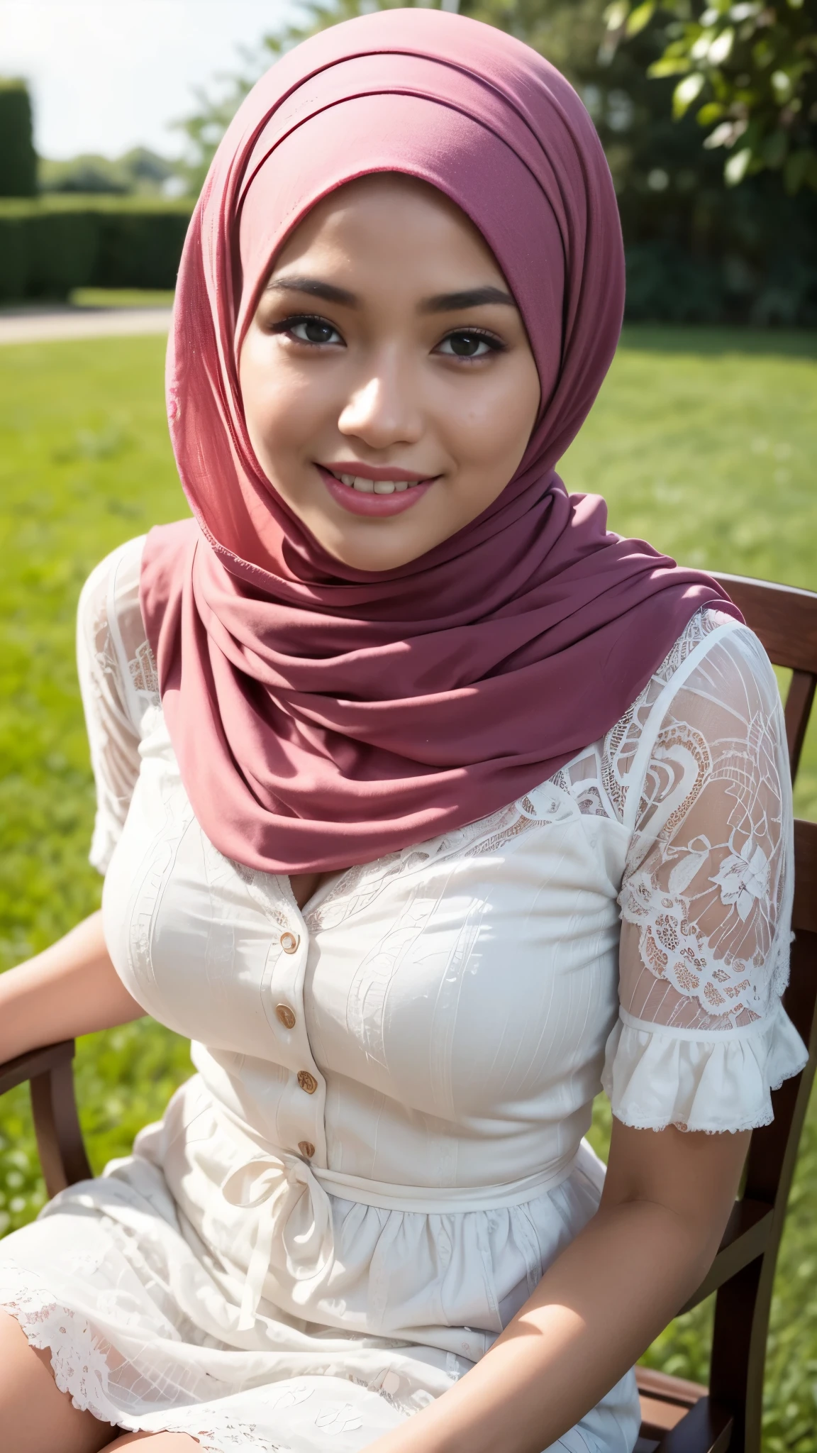 (Best quality, high resolution, masterpiece: 1.3), a beautiful malay woman in hijab, big breasts, slim figure, sweatshirt, beautifully presented details in the garden and facial and skin texture, detailed eyes, double eyelids, big eyeschest visible, shirt openfeatures), HDR, 8k resolution, nice fingers, firm skin, (((high detail skin, visible pores))), 1 female, very beautifull face, beautifull women, tall body, woman in a white floral dress sitting on a chair, hijab, brown and pink color scheme, katelynn mini cute style, Close Up Tight Hijab, Full Body, Beautiful Shy Smile, In Lux, excellent lighting,