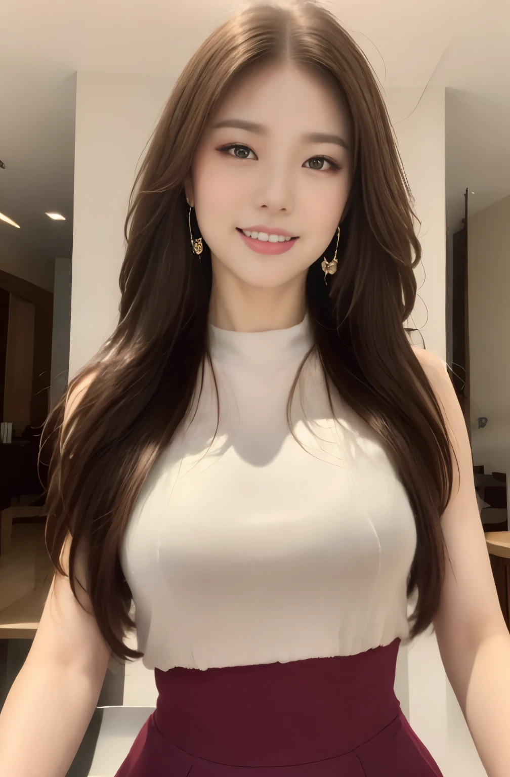 (24 year old lover), (big breasts:1.2),   Cafe、Green Sleeveless High Neck Dress、(master piece: 1.3), (maximum resolution: 1.4), (ultra high vision: 1.2), cinematic light, ultra high vision,make one&#39;s cheeks flush:1.2、 (fine eyes and skin), (detailed facial features), nffsw, 8K resolution, perfect style, beautiful expression、Highly detailed face and skin texture、detailed eye、double eyelid、glitter eyeliner:1.2、shiny skin、pure white skin:1.8、white skin:1.8、red rouge、dark lipstick:1.2、shiny small earrings、glossy lips:1.2、((full body shot:1.2))、(layered hairstyles、light brown hair)、medium long hair、(very charming smile:1.2)