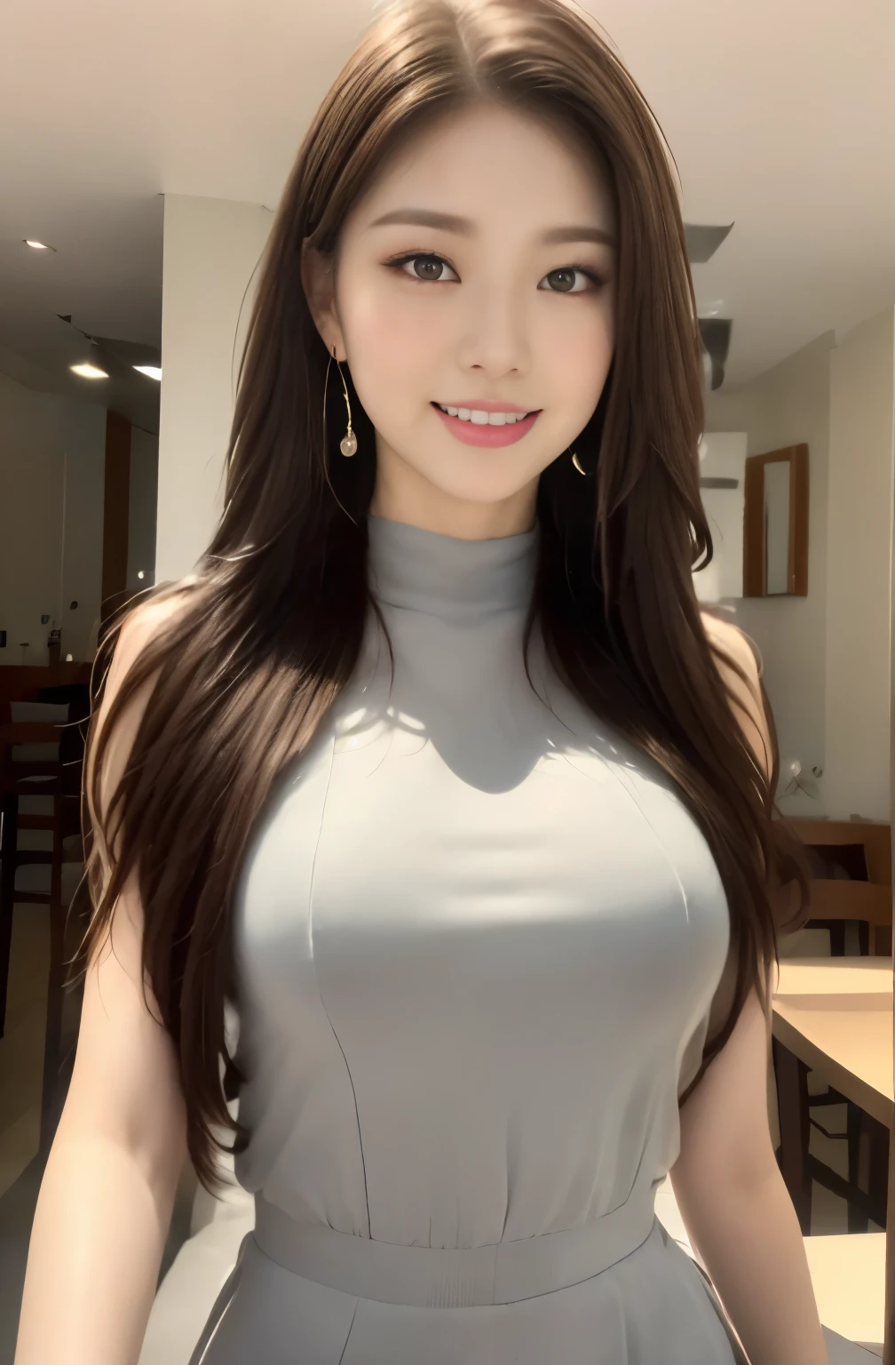 (24 year old lover), (big breasts:1.2),   Cafe、Green Sleeveless High Neck Dress、(master piece: 1.3), (maximum resolution: 1.4), (ultra high vision: 1.2), cinematic light, ultra high vision,make one&#39;s cheeks flush:1.2、 (fine eyes and skin), (detailed facial features), nffsw, 8K resolution, perfect style, beautiful expression、Highly detailed face and skin texture、detailed eye、double eyelid、glitter eyeliner:1.2、shiny skin、pure white skin:1.8、white skin:1.8、red rouge、dark lipstick:1.2、shiny small earrings、glossy lips:1.2、((full body shot:1.2))、(layered hairstyles、light brown hair)、medium long hair、(very charming smile:1.2)