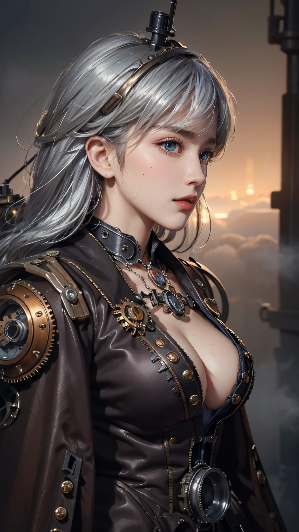(UHD, retina, masterpiece, accurate, anatomically_correct, textured_skin, super_detail, high_details, high_quality, best_quality, high_res, 1080P, HD, 4K, 8k, 16k), (beautiful_detailed_eyes, beautiful_detailed_lips, extremely_detailed_eyes_and_face), soft_lighting, physically-based_rendering, vivid_colors, (large_breasts:1.5), (shiny_hair, shiny_skin, tanned_skin), eye_reflection, (bangs:1.5), (splash_curl:1.2), (bokeh, night_city_lights), (fog:1.5), semi-profile_view, (steampunk, silver hair:1.5),