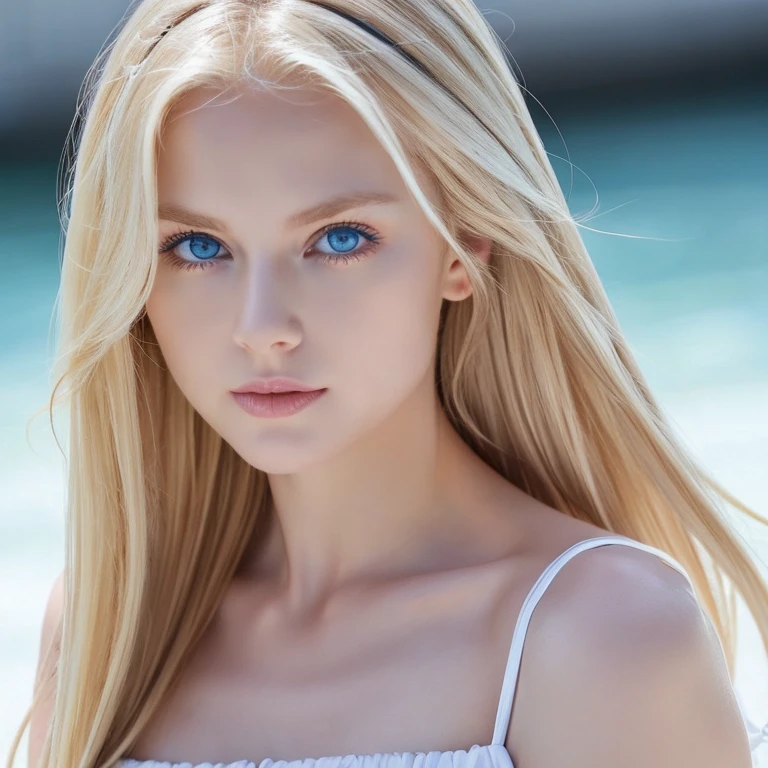 goddess、blonde、blue eyes、wearing a white dress、muscular