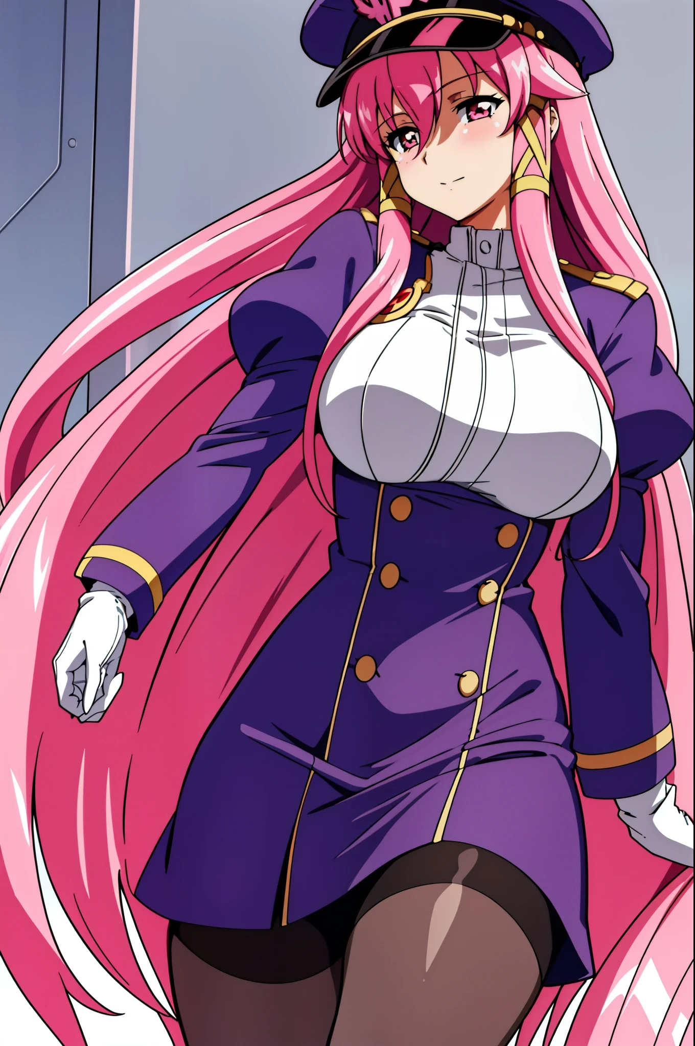 1 girl, pink haire, long haire, pink eyes, sexy body, big breast, HDR, 8K, full body, in the center of image, in the plane, Stewardess, red unifrom, dark blue uniform, garrison cap, white gloves, pantyhose