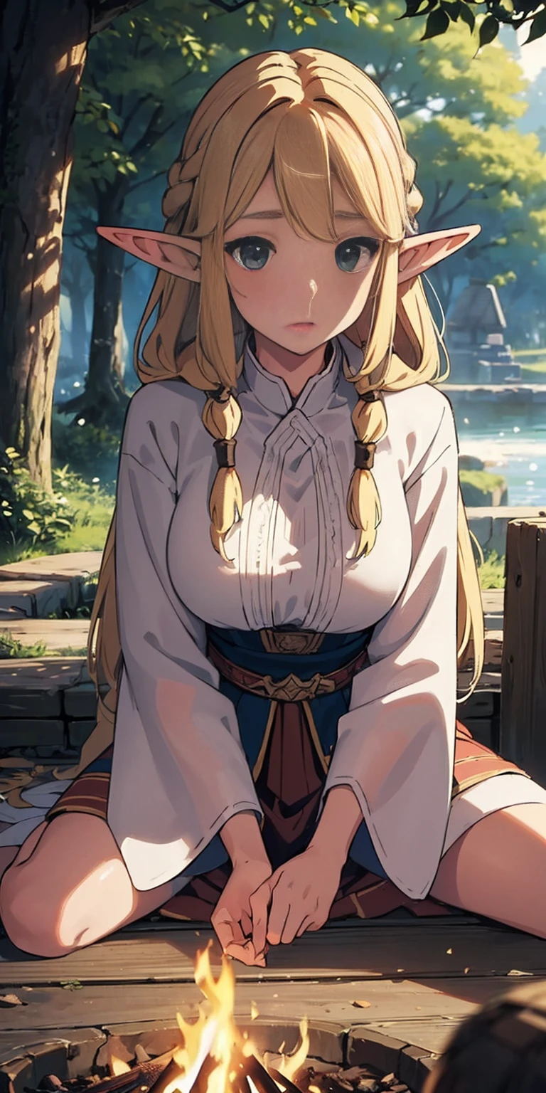 (masterpiece, best quality), (finely detailed beautiful eyeinely detailed eyes and detailed face), (scenery: 1.2), (extremely detailed CG, ultra-detailed, best shadow), beautiful concept illustration, (illustration), (extremely fine and beautiful), (perfect details), (depth of field), midele wide shot,
BREAK (3 elf girls:1.2), 18yo, elf ears, (shine skin), thick natural parallel eyebrows, natural lips, glossy lips, blond hair, (((dreadlocks))), green eyes,
BREAK ((night time)), ((big bonfire)), girls sitting around bonfire, (outdoororest, The gentle rustling of leaves in the breeze provided a soothing soundtrack to the serene forest ambiance, lora:more_details:0.5>, tarutaru, 、