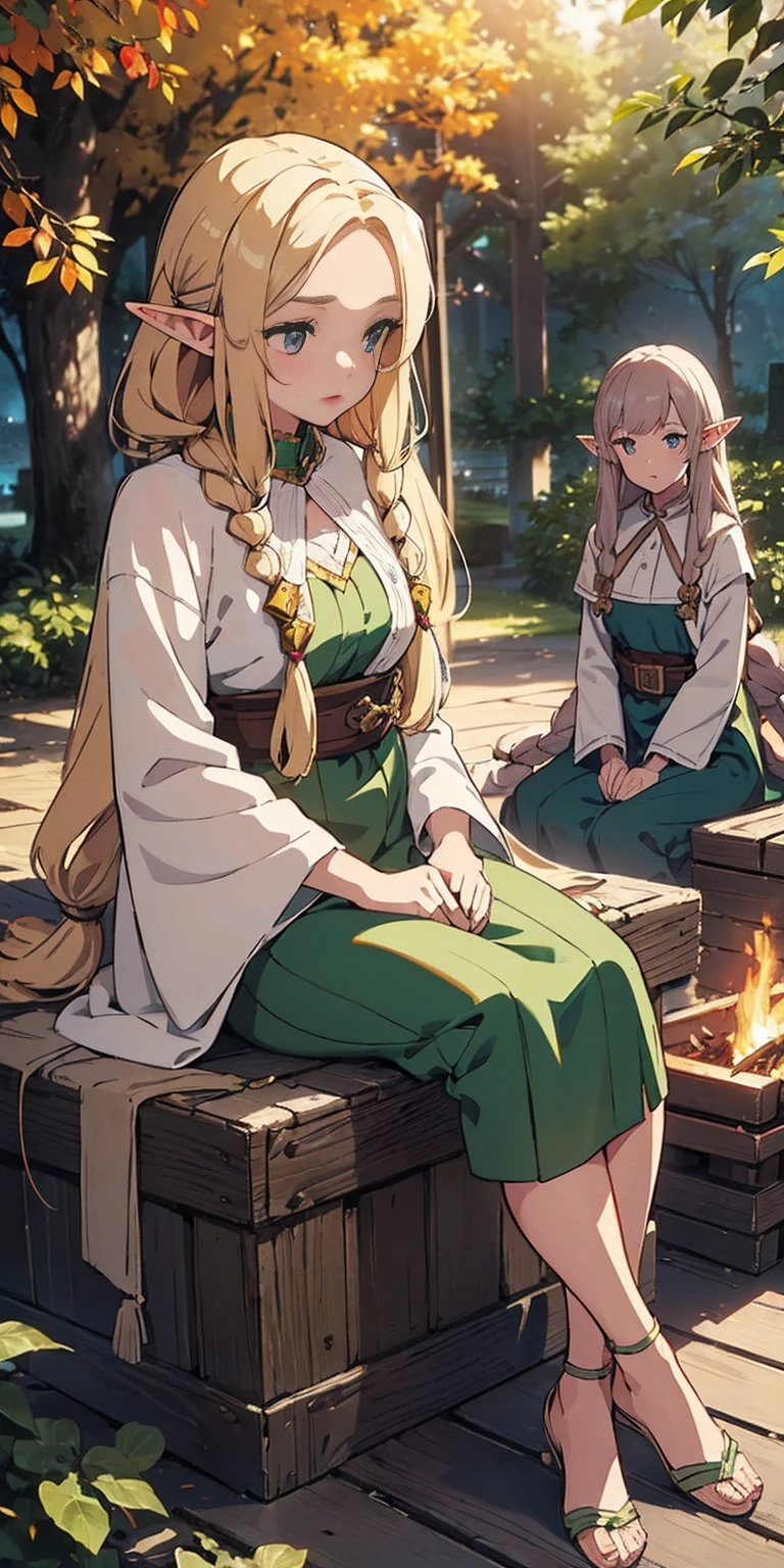 (masterpiece, best quality), (finely detailed beautiful eyeinely detailed eyes and detailed face), (scenery: 1.2), (extremely detailed CG, ultra-detailed, best shadow), beautiful concept illustration, (illustration), (extremely fine and beautiful), (perfect details), (depth of field), midele wide shot, 
BREAK (3 elf girls:1.2), 18yo, elf ears, (shine skin), thick natural parallel eyebrows, natural lips, glossy lips, blond hair, (((dreadlocks))), green eyes, 
BREAK ((night time)), ((big bonfire)), girls sitting around bonfire, (outdoororest, The gentle rustling of leaves in the breeze provided a soothing soundtrack to the serene forest ambiance, lora:more_details:0.5>, tarutaru, 、