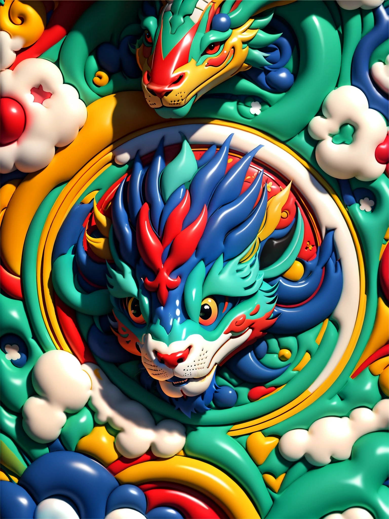 （happy new year poster design），（Close-up of cute Chinese dragon），many hearts and clouds， （（2024) ） ,，colorful