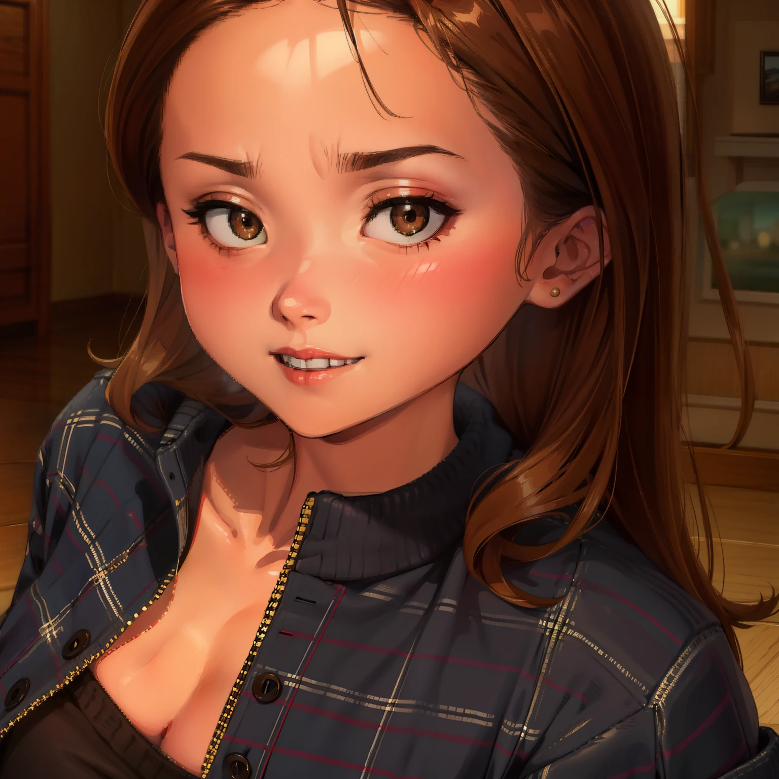 Helen Parr, obra maestra, Mejor calidad, Solo, By the chestnut, Brown eyes, sweater tipo con cuello de tortuga, sweater, Sonrisa, cabello corto, sweater tipo con cuello de tortuga sweater, black sweater, 1 chica, parte superior del cuerpo, boca cerrada, adentro, retrato, black sweater,