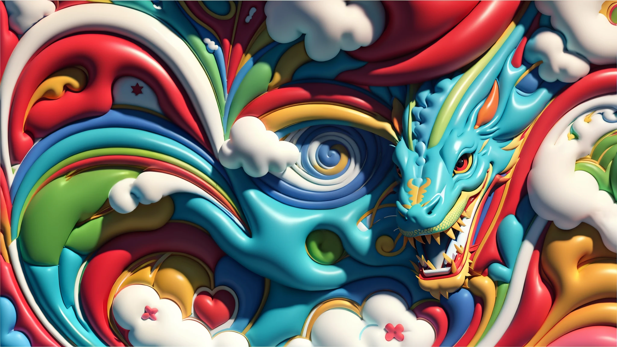 （happy new year poster design），（Close-up of a Chinese dragon），many hearts and clouds， （（2024) ） ,，colorful