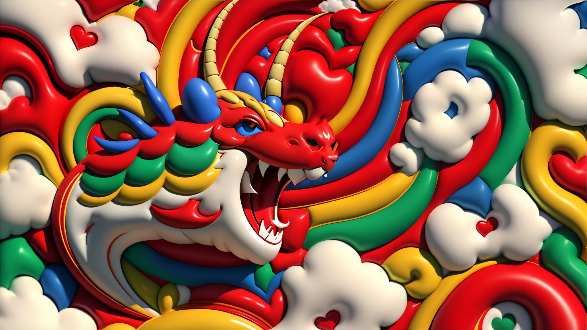 （happy new year poster design），（Close-up of a Chinese dragon），many hearts and clouds， （（2024) ） ,，colorful