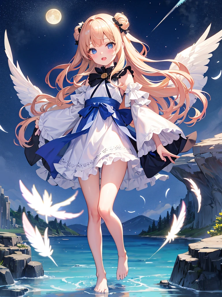 photo realistic, photo realistic, photo realistic, (masterpiece,best quality:1.4),(8k,raw photo,photo realistic:1.2),Not Safe for Work, detailed skin,detailed face,1girl,Japanese idol,cute face,Child,petite, Girl Standing On Water、blonde、Wavy Hair、blue eyes、semi-long、mini skirt、light blue apron dress、beautiful eyes、Sparkling、Eyes that seem to be sucked in、Standing Girl、one girl、１４age、Beautiful scenery、moonlight、A very big moon、Beautiful starry sky、shooting star、high resolution、night view、The Lost City、barefoot、whole body、Scattering Flowers、Hanabubuki、pretty fingers、beautiful feet、small breasts、girl in return、broken town、Fluttering feathers、frills、画面全体がSparkling、Lots of feathers、fantasy、mysterious、