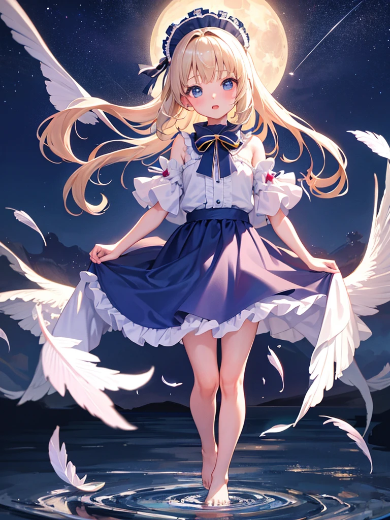 photo realistic, photo realistic, photo realistic, (masterpiece,best quality:1.4),(8k,raw photo,photo realistic:1.2),Not Safe for Work, detailed skin,detailed face,1girl,Japanese idol,cute face,Child,petite, Girl Standing On Water、blonde、Wavy Hair、blue eyes、semi-long、mini skirt、light blue apron dress、beautiful eyes、Sparkling、Eyes that seem to be sucked in、Standing Girl、one girl、１４age、Beautiful scenery、moonlight、A very big moon、Beautiful starry sky、shooting star、high resolution、night view、The Lost City、barefoot、whole body、Scattering Flowers、Hanabubuki、pretty fingers、beautiful feet、small breasts、girl in return、broken town、Fluttering feathers、frills、画面全体がSparkling、Lots of feathers、fantasy、mysterious、