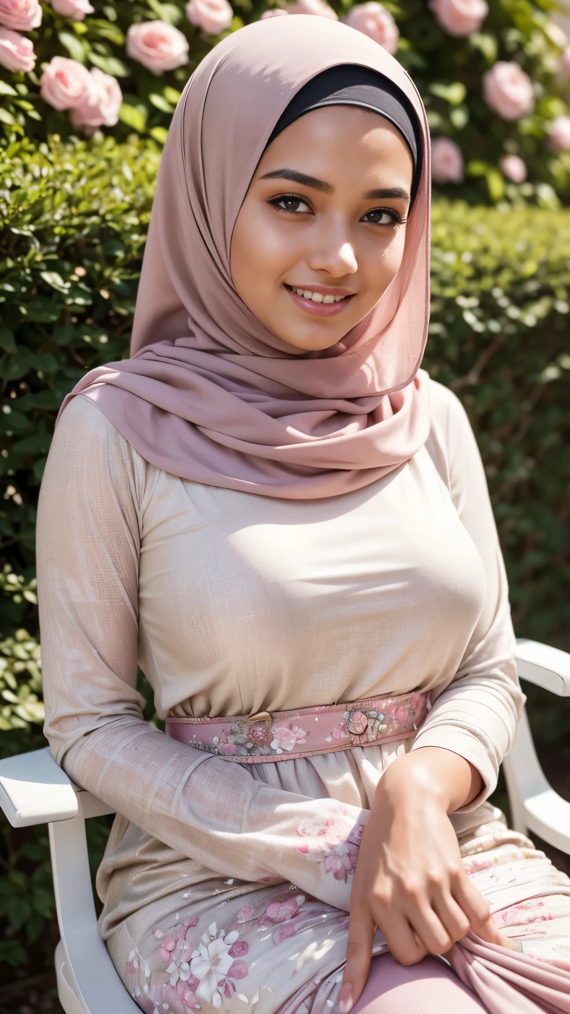 (Best quality, high resolution, masterpiece: 1.3), a beautiful malay woman in hijab, big breasts, slim figure, sweatshirt, beautifully presented details in the garden and facial and skin texture, detailed eyes, double eyelids, big eyeschest visible, shirt openfeatures), HDR, 8k resolution, nice fingers, firm skin, (((high detail skin, visible pores))), 1 female, very beautifull face, beautifull women, tall body, woman in a white floral dress standing on a chair, hijab, brown and pink color scheme, katelynn mini cute style, Close Up Tight Hijab, Full Body, Beautiful Shy Smile, In Lux, excellent lighting,