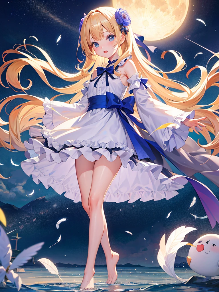 photo realistic, photo realistic, photo realistic, (masterpiece,best quality:1.4),(8k,raw photo,photo realistic:1.2),Not Safe for Work, detailed skin,detailed face,1girl,Japanese idol,cute face,Child,petite, Girl Standing On Water、blonde、Wavy Hair、blue eyes、semi-long、mini skirt、light blue apron dress、beautiful eyes、Sparkling、Eyes that seem to be sucked in、Standing Girl、one girl、１４age、Beautiful scenery、moonlight、A very big moon is in the background、Beautiful starry sky、shooting star、high resolution、night view、The Lost City、barefoot、whole body、Scattering Flowers、Hanabubuki、pretty fingers、beautiful feet、small breasts、girl in return、broken town、Fluttering feathers、frills、画面全体がSparkling、Lots of feathers、fantasy、mysterious、