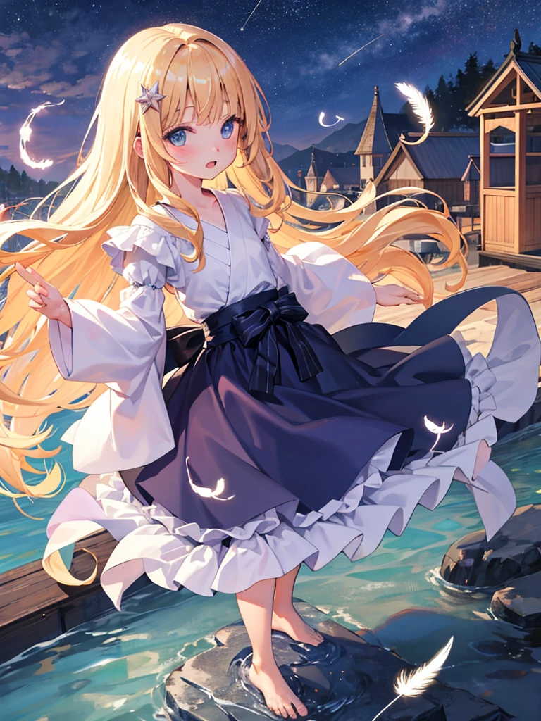 photo realistic, photo realistic, photo realistic, (masterpiece,best quality:1.4),(8k,raw photo,photo realistic:1.2),Not Safe for Work, detailed skin,detailed face,1girl,Japanese idol,cute face,Child,petite, Girl Standing On Water、blonde、Wavy Hair、blue eyes、semi-long、mini skirt、light blue apron dress、beautiful eyes、Sparkling、Eyes that seem to be sucked in、Standing Girl、one girl、１４age、Beautiful scenery、moonlight、A very big moon is in the background、Beautiful starry sky、shooting star、high resolution、night view、The Lost City、barefoot、whole body、Scattering Flowers、Hanabubuki、pretty fingers、beautiful feet、small breasts、girl in return、broken town、Fluttering feathers、frills、画面全体がSparkling、Lots of feathers、fantasy、mysterious、