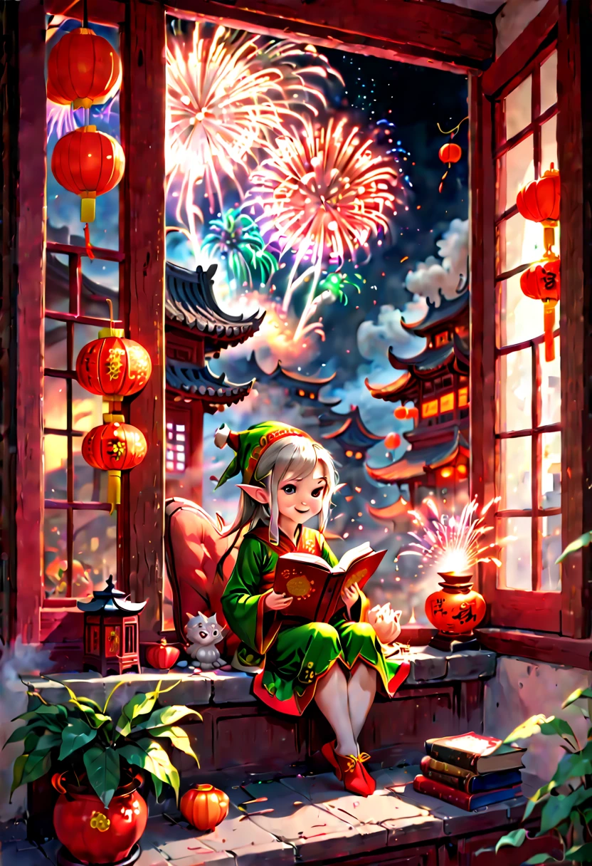 a cute Elf sitting by the window reading a book, books by the window, Chinese New Year Eve, fireworks, High-definition image, beautiful artwork featuring, lively streets, celebration, happiness, traditional culture, octane render, (best quality, masterpiece, Representative work, official art, Professional, 8k:1.3)