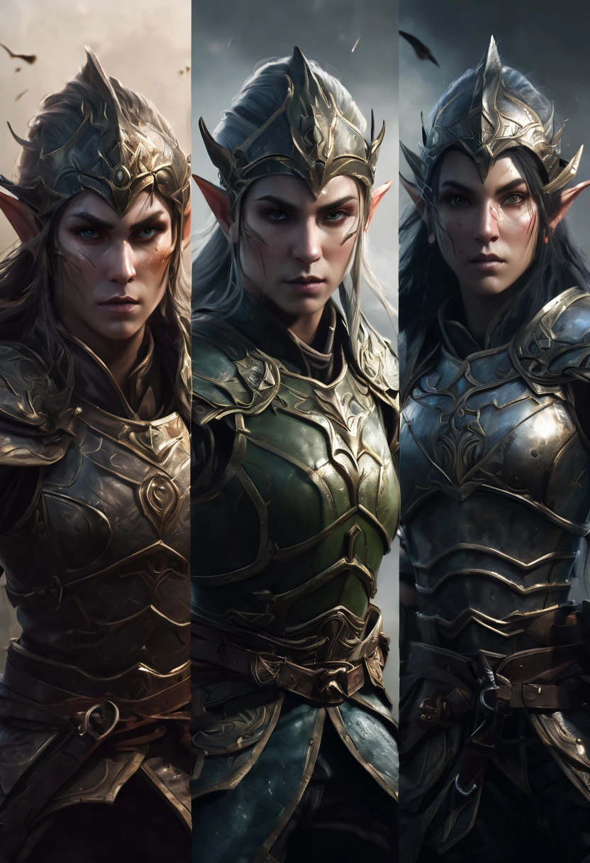 (first person,perspective,detailed,Elf Portraits:1.2,flying over,battlefield,capsuled elfs,ancient warriors,ancient armor,martial arts,misty atmosphere,dramatic lighting,high contrast,warrior in calm,-packed,war cries,weapons calm after battle) three side view, 1 side potrait,2 side close, 3 side in the batlle, face close up, (3 face portraits photo collage) ((close up face))