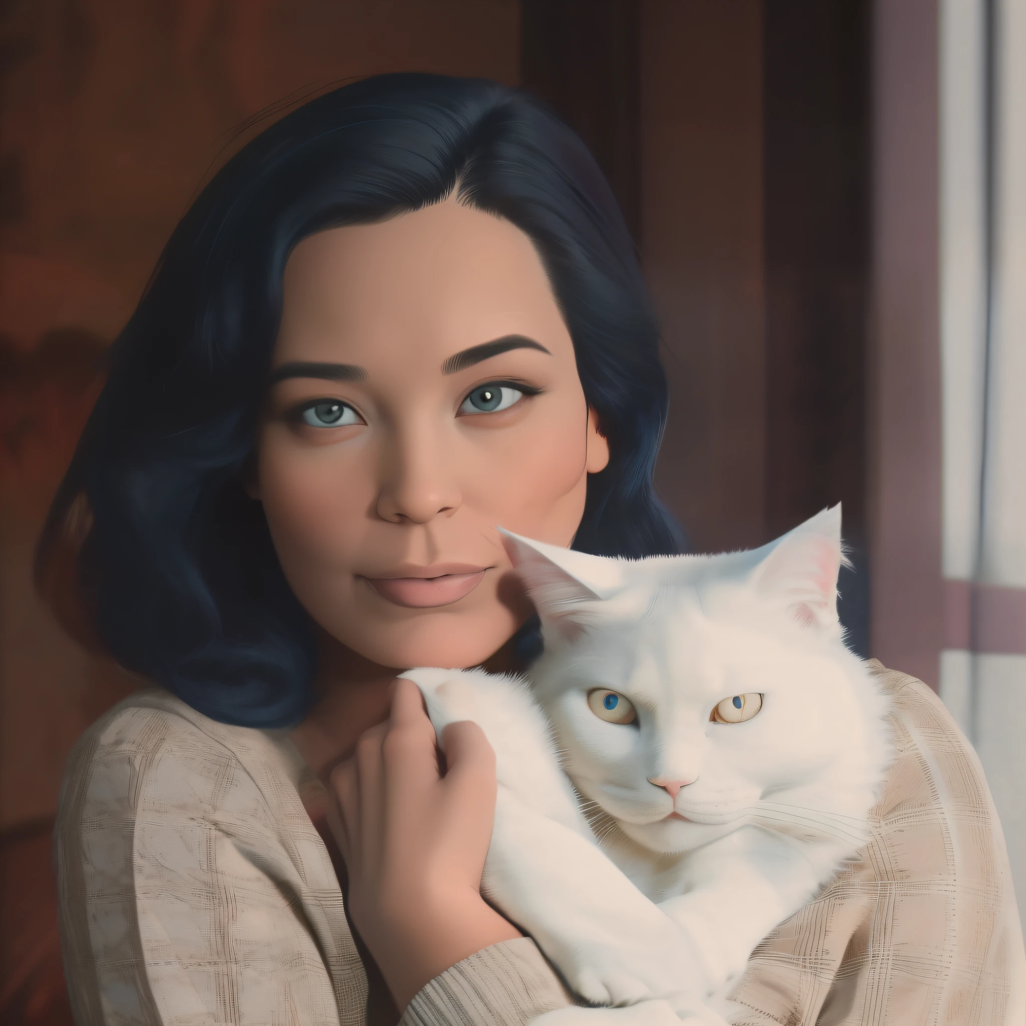 a woman holding a white cat in her arms, she  holding a cat in her arms, woman and cat, holding a cat, with small cat on lap, big cheeks holding her cat, close portrait, an asian woman