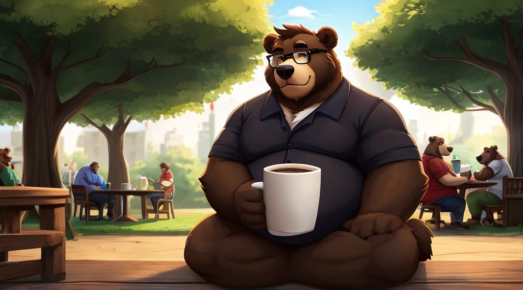 Anthro furry male bear holding a cup of coffee, wearing glasses, sitting at the park, furry art, stout, fat, large belly sticking out, dadcore, in the style of lively tavern scenes, gigantic scale, rtx on, desktop wallpaper, no cut offs