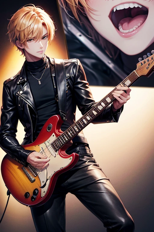 guitarist、a handsome guy、With short golden hair, Black leather jacket、leather pants、long sleeve、live house、High resolution、In 8K、sharp focus、zoom、with the best image quality