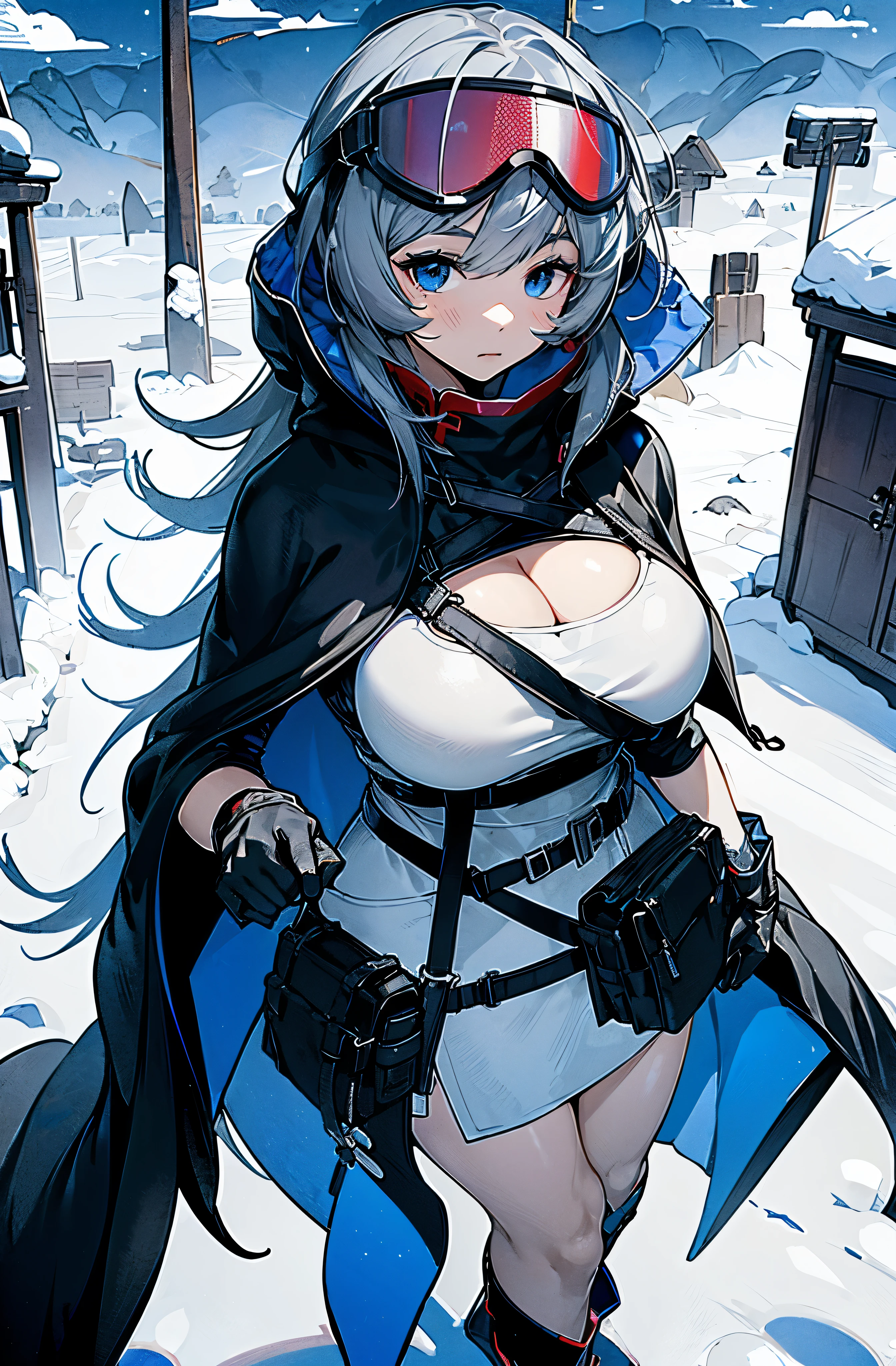 mulberry_(Ark Night_Eye, grey_head发, lexistg_head发, Bangs, feathered_head发, cloak, hooded_cloak, Print_cloak, Black_cloak, goggles, goggleist_head, white_skirt, short_skirt, split, pouch, belt_pouch, belt, jewelery, bead, bracelet, Chinese_Knot, ID_card, Gloves, Black_Gloves, infectiexist_mexistitor_(aknight lake_sock, boots, Black_boots,extremely giant breasts