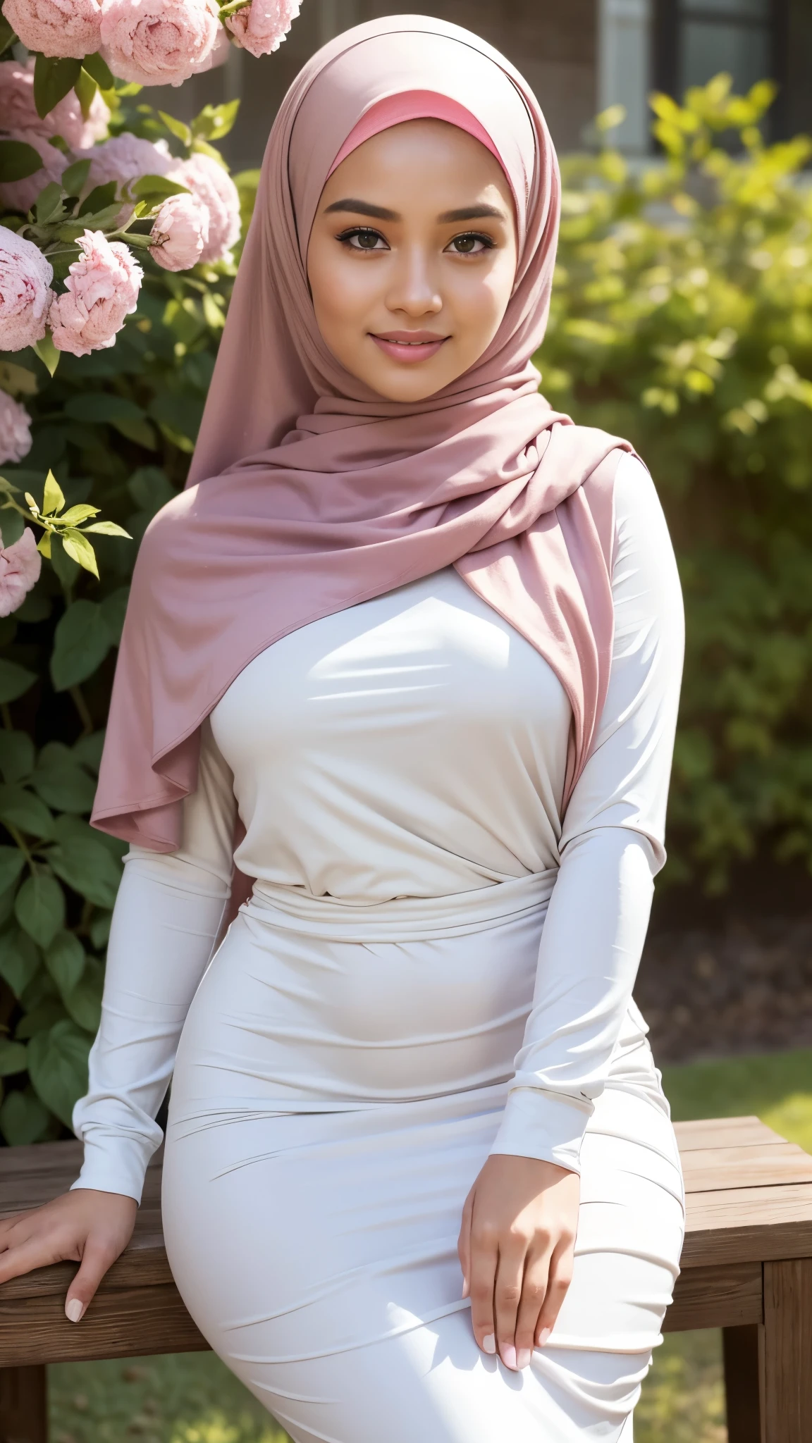 (Best quality, high resolution, masterpiece: 1.3), a beautiful malay woman in hijab, big breasts, slim figure, sweatshirt, beautifully presented details in the garden and facial and skin texture, detailed eyes, double eyelids, big eyeschest visible, shirt openfeatures), HDR, 8k resolution, nice fingers, firm skin, (((high detail skin, visible pores))), 1 female, very beautifull face, beautifull women, tall body, woman in a white floral dress standing on a chair, hijab, brown and pink color scheme, katelynn mini cute style, Close Up Tight Hijab, Full Body, Beautiful Shy Smile, In Lux, excellent lighting,