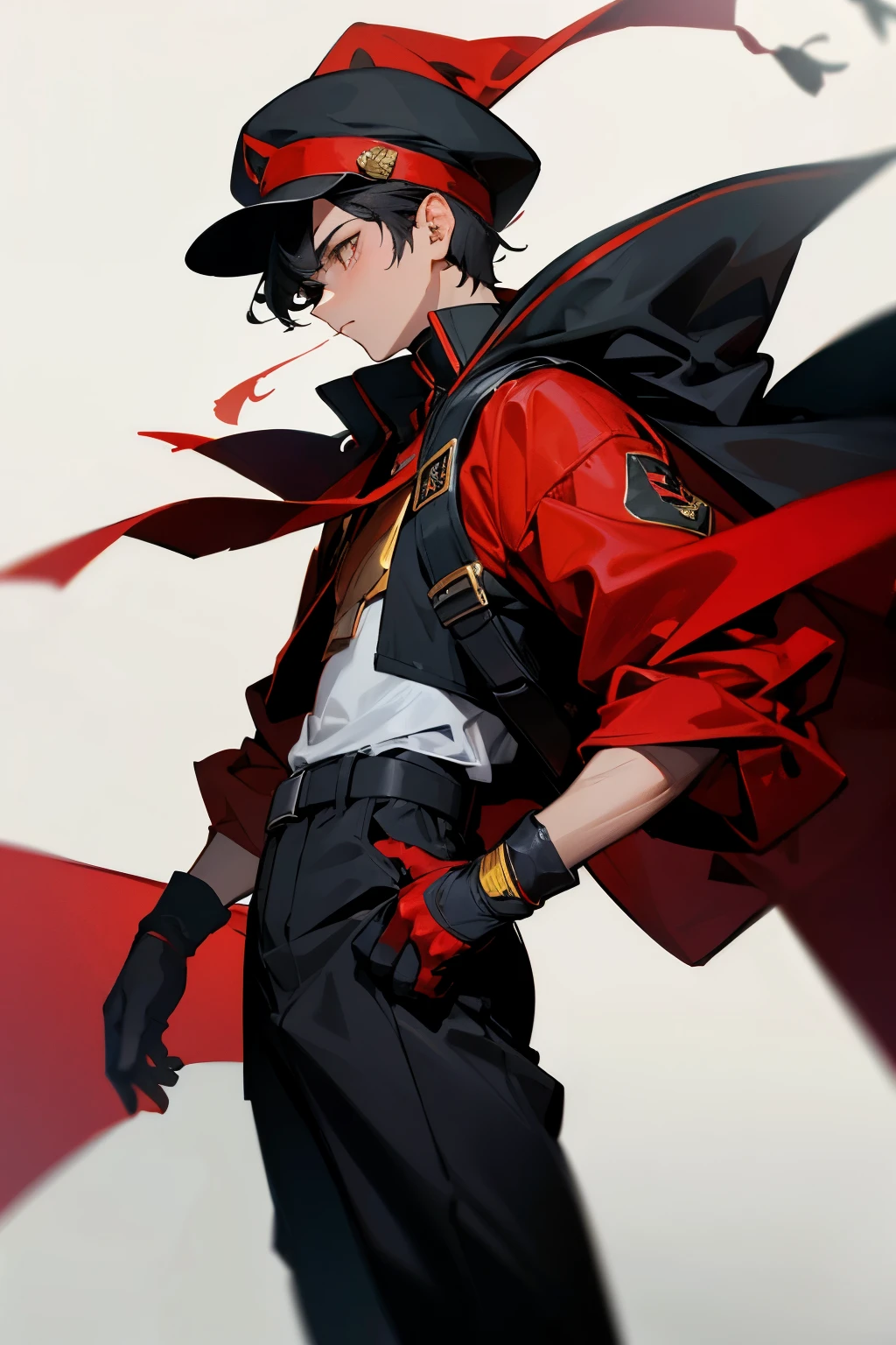 black hair,gold eyes, Red/Black cape, red longsleeved shirt, jordan 11 retro black, black Nike backpack,young male, red gloves, City background, backwards black hat