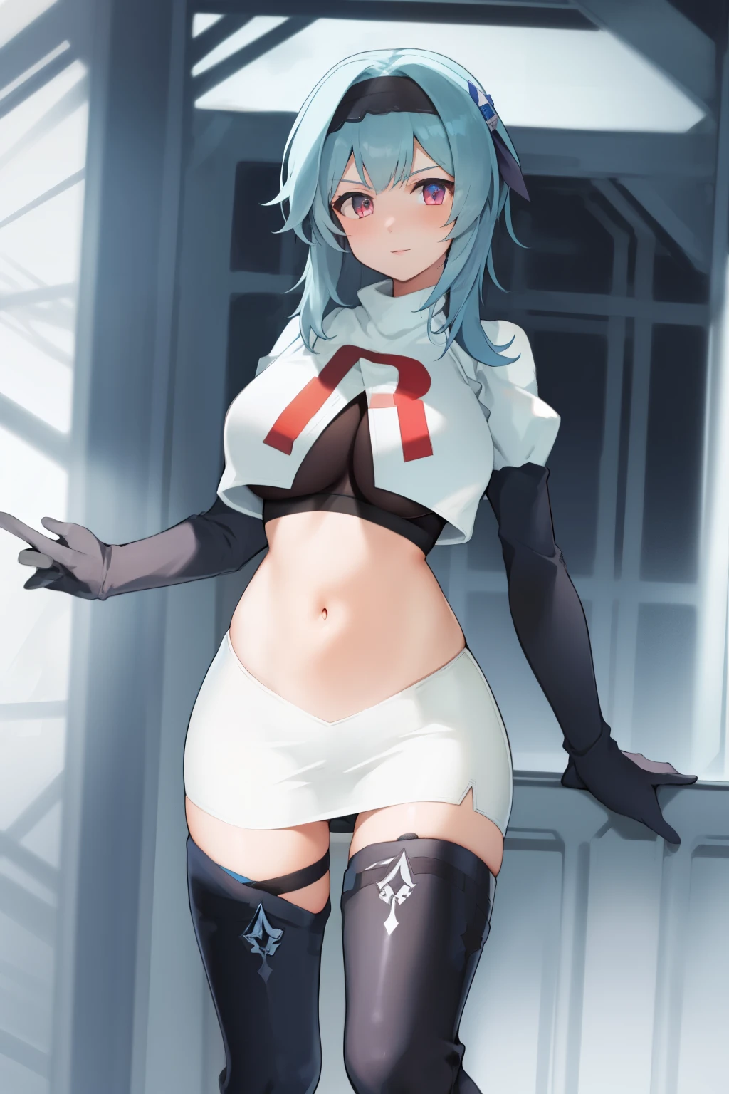 1girl, solo, euladef, large breasts, thighs, team rocket,team rocket uniform,white skirt,red letter R,crop top,black thigh-highs,black elbow gloves,
