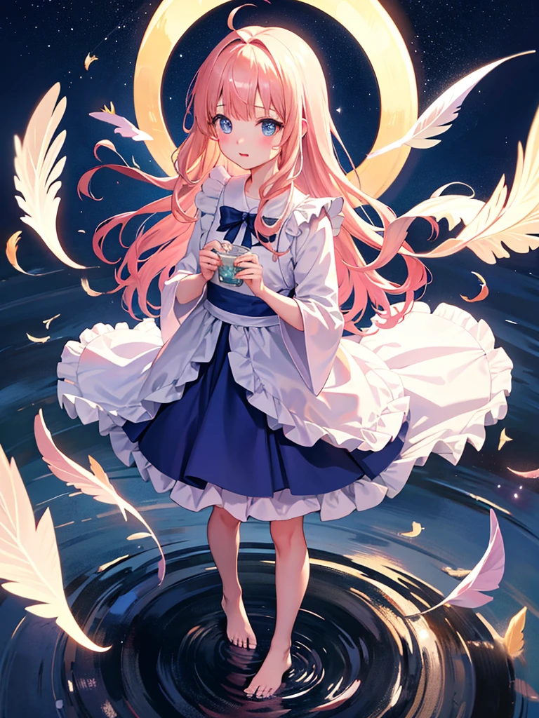 photo realistic, photo realistic, photo realistic, (masterpiece,best quality:1.4),(8k,raw photo,photo realistic:1.2),Not Safe for Work, detailed skin,detailed face,1girl,Japanese idol,cute face,Child,petite, Girl Standing On Water、blonde、Wavy Hair、blue eyes、semi-long、mini skirt、light pink apron dress、beautiful eyes、Sparkling、Eyes that seem to be sucked in、Standing Girl、one girl、14age、Beautiful scenery、moonlight、A very big moon、Beautiful starry sky、shooting star、high resolution、night view、The Lost City、barefoot、whole body、Scattering Flowers、Hanabubuki、pretty fingers、beautiful feet、small breasts、girl in return、broken town、Fluttering feathers、frills、画面全体がSparkling、Lots of feathers、fantasy、mysterious、