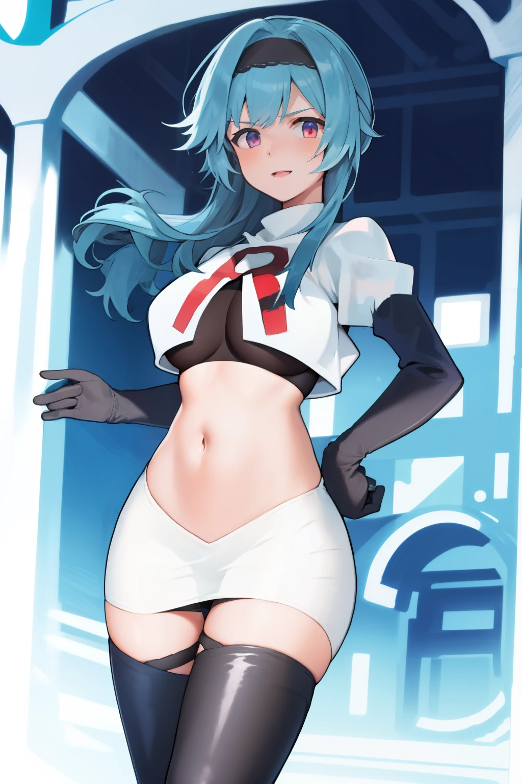 1girl, solo, euladef, large breasts, thighs, team rocket,team rocket uniform,white skirt,red letter R,crop top,black thigh-highs,black elbow gloves,