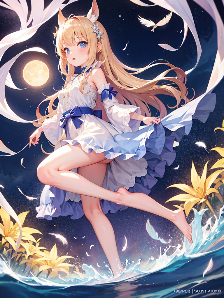 photo realistic, photo realistic, photo realistic, (masterpiece,best quality:1.4),(8k,raw photo,photo realistic:1.2),Not Safe for Work, detailed skin,detailed face,1girl,Japanese idol,cute face,Child,petite, Girl Standing On Water、blonde、Wavy Hair、blue eyes、semi-long、mini skirt、白いfrillsパンツ、light blue apron dress、beautiful eyes、Sparkling、Eyes that seem to be sucked in、Standing Girl、one girl、14age、Beautiful scenery、moonlight、A very big moon、Beautiful starry sky、shooting star、high resolution、night view、The Lost City、barefoot、whole body、Scattering Flowers、Hanabubuki、pretty fingers、beautiful feet、small breasts、girl in return、broken town、Fluttering feathers、frills、画面全体がSparkling、Lots of feathers、fantasy、mysterious、