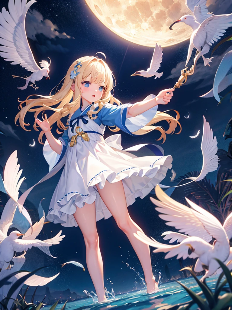 photo realistic, photo realistic, photo realistic, (masterpiece,best quality:1.4),(8k,raw photo,photo realistic:1.2),Not Safe for Work, detailed skin,detailed face,1girl,Japanese idol,cute face,Child,ite, Girl Standing On Water、blonde、Wavy Hair、blue eyes、semi-long、mini skirt、白いfrillsパンツ、light blue apron dress、beautiful eyes、Sparkling、Eyes that seem to be sucked in、Standing Girl、one girl、14age、Beautiful scenery、moonlight、A very big moon、Beautiful starry sky、shooting star、high resolution、night view、The Lost City、barefoot、whole body、Scattering Flowers、Hanabubuki、pretty fingers、beautiful feet、small breasts、girl in return、broken town、Fluttering feathers、frills、画面全体がSparkling、Lots of feathers、fantasy、mysterious、